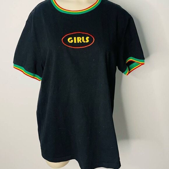 Forever 21 Mens Girls Graphic Ringer Tee LARGE Cotton Embroidered Crewneck Black - Picture 1 of 3